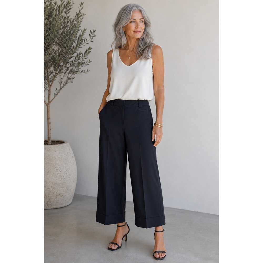 Ann Taylor LOFT Julie Pants Womens 8 Black Wide Leg Cuffed Trouser Office Casual
